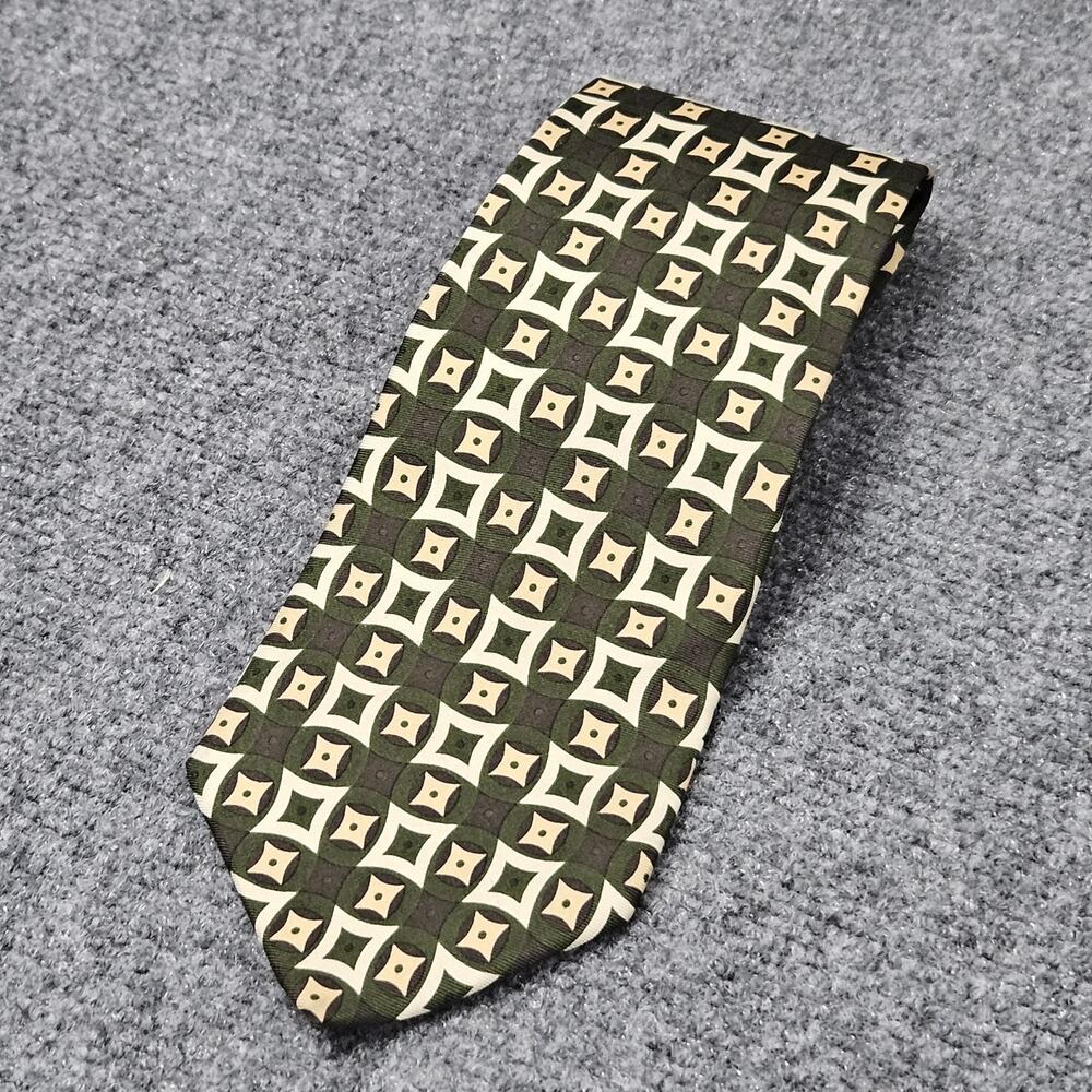 J Crew Necktie Green Beige Geometric Lattice Pattern Squares Diamonds Grid
